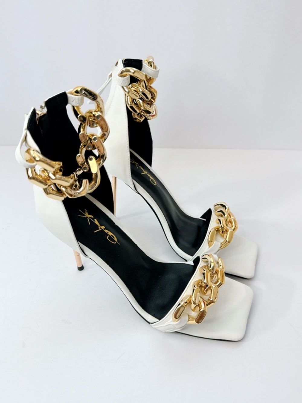 Size 7 White Gold Chain Stiletto Heels Women’s Square Toe Ankle Strap Pumps - Picture 2 of 11
